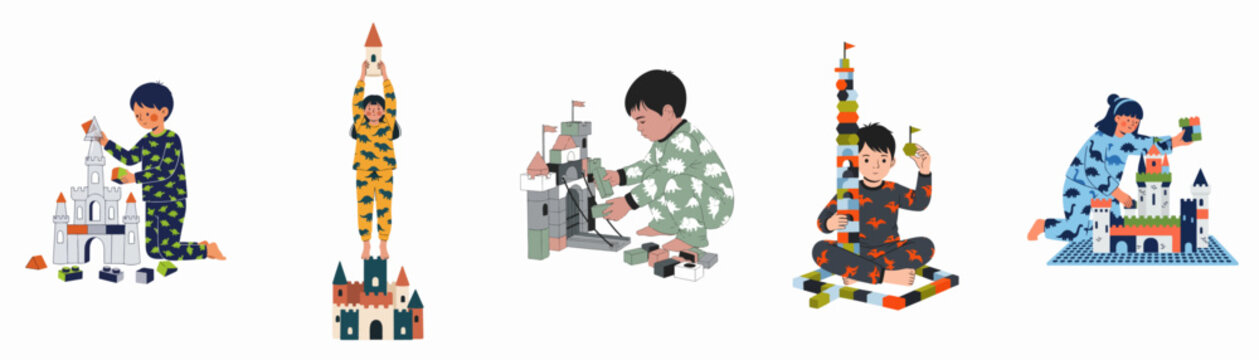 Collection of children in dinosaur and animal pajamas building toy castles and towers with colorful plastic blocks on a white background.
