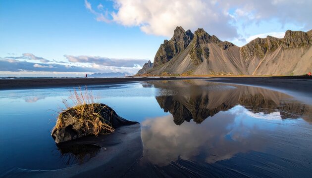 Dramatic Mountain Reflection on Black Sand Beach, Iceland