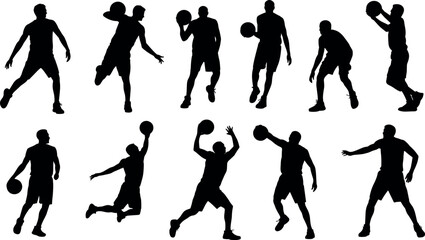 Basketball player silhouettes set featuring male athletes in dynamic action poses like dribbling jumping dunking and shooting isolated on white background. © BIPUL