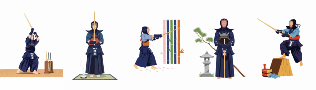Collection of five Kendo martial arts vector illustrations showing practitioners in traditional bogu armor with shinai swords in various Japanese settings.