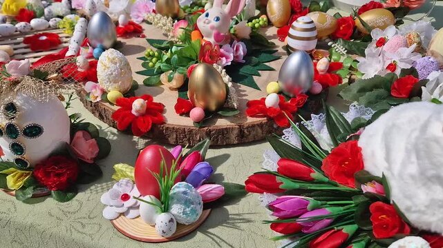 Ungheni, Moldova - April 5, 2026 Vibrant outdoor market with fluffy bunny toys nestled among tulips and handcrafted Easter eggs. Ornate festive collection capturing the atmosphere of spring holidays
