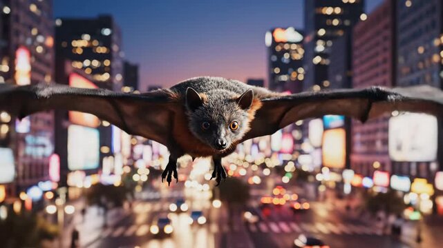 Flying Bat in Cityscape - A close-up shot of a bat in flight, showcasing its face and outstretched wings. The background features a blurred cityscape at night.