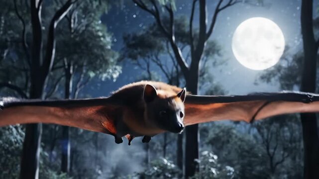 Bat in Flight Against Moonlit Forest - A bat is captured mid-flight with its wings fully outstretched, set against a blurred forest background under a bright, full moon.