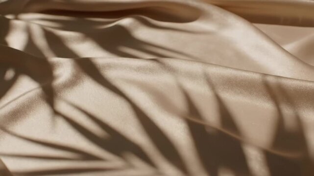 Beige Satin Fabric with Leaf Shadows - This is a top-down flat lay shot of beige satin fabric with natural looking leaf shadows cast across the surface.