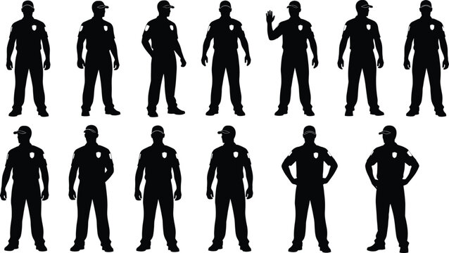 Black, and, white, silhouette, set, of, twelve, male, security, guards, wearing, uniforms, and, caps, in, various, standing, professional, watchful, poses