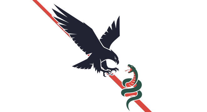 Eagle attacking snake on diagonal red line, symbolic conflict, predator vs prey