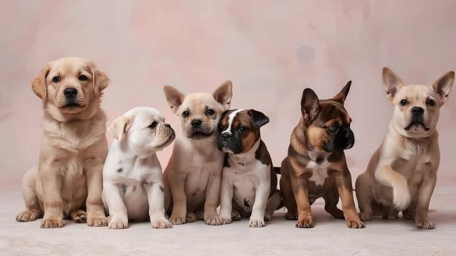 子犬の五匹が横一列に並び正面を見る無邪気なスタジオシーン