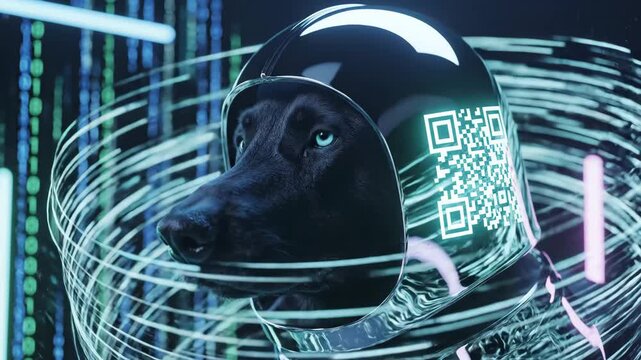 Futuristic Black Dog with QR Code - A black dog is depicted wearing a sleek, futuristic hood adorned with a QR code.
