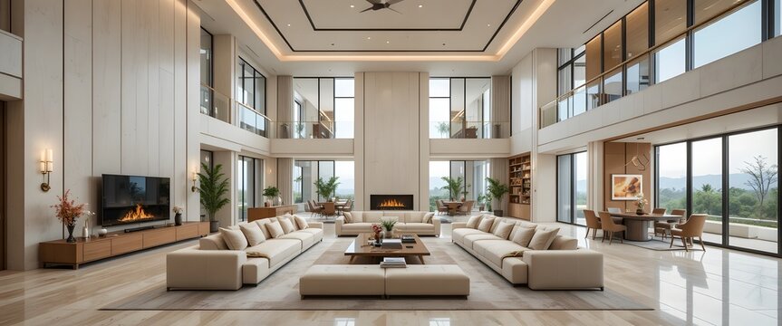 Luxurious Modern Living Room with High Ceilings and Elegant Decor.