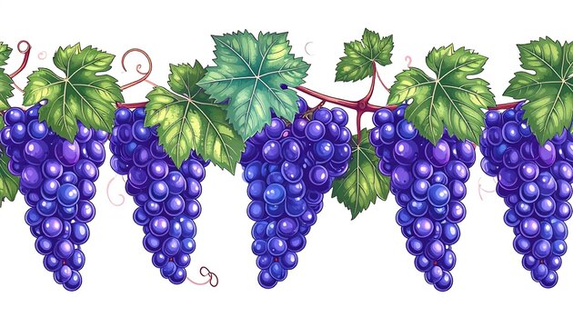 Purple Grape Clusters And Green Vine Leaves In A Horizontal Border Botanical Illustration Isolated On White Background With Detailed Artistic