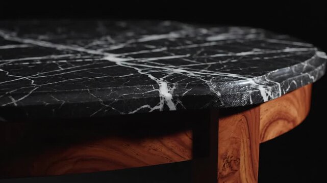 Elegant Black Marble Table Top on Wood - This high-quality video showcases a black marble table top with white veining, mounted on a wooden base. The table stands against a dark, neutral background.