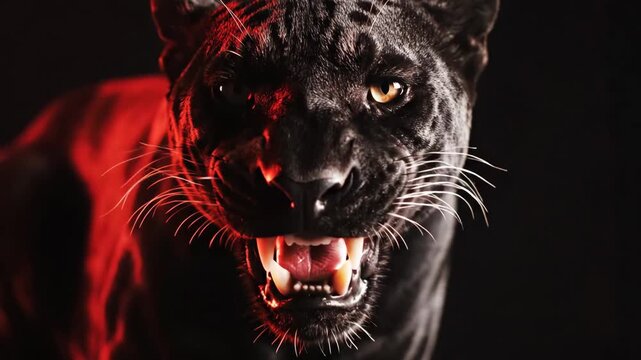 Black Panther Illuminated by Red Light - A striking video of a black panther, its face partially illuminated by a dramatic red light, enhancing the animal's fierce expression and enigmatic aura.