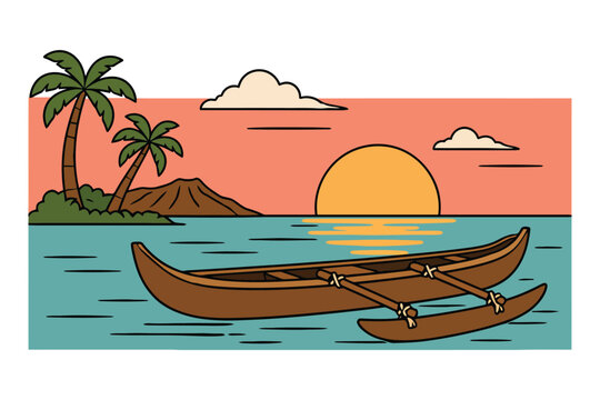 Outrigger canoe boat floating in tropical ocean at sunset with palm trees