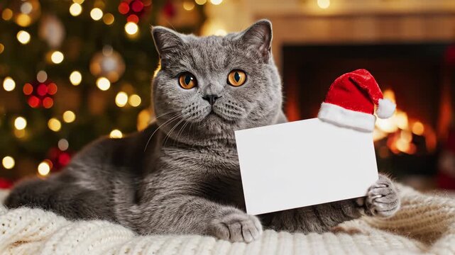 British Shorthair Cat Holding Christmas Card - A cute British Shorthair cat lies on a knitted blanket in front of a Christmas tree, holding a blank card with a Santa hat.