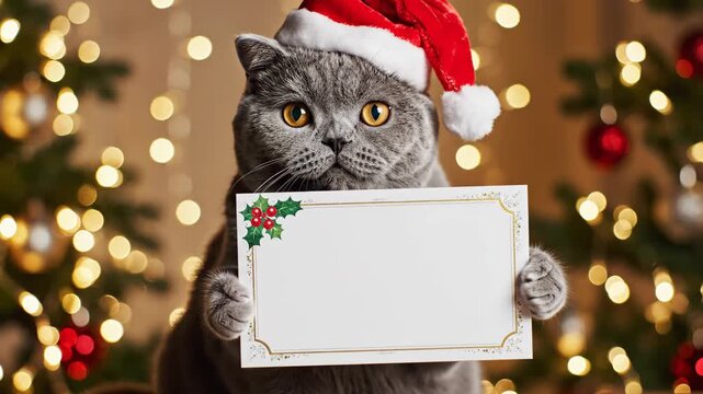 British Shorthair Cat Holding Blank Christmas Card - A grey British Shorthair cat wears a Santa hat and holds up a blank white card with a holly border, perfect for a holiday message.