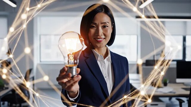 Asian businesswoman with Innovative Idea Lightbulb - Confident businesswoman in suit holds a lightbulb connected to a digital network, representing a bright idea.
