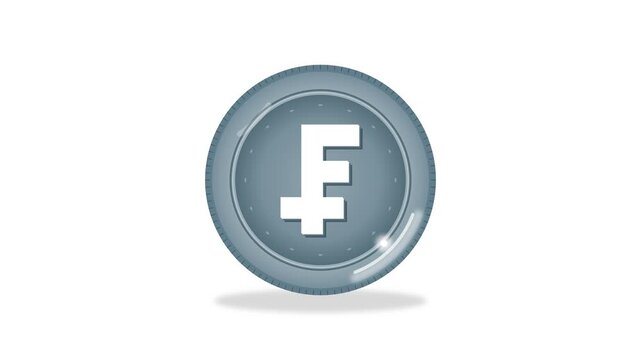 Silver franc coin rotating animation on white background. 4K Video