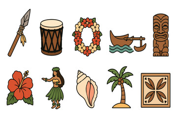 Set of colorful hawaiian tropical icons and cultural symbols © mdalhazsarkar