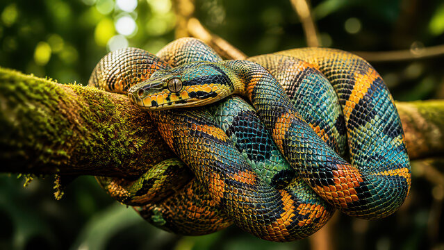 Colorful snake tropical reptile branch forest wildlife scales pattern nature resting coiled moss branch lush rainforest with vivid texture