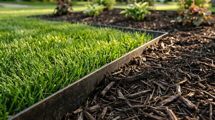 Fototapeta premium Modern Garden Edging with Metal Border | Landscaping with Green Lawn and Bark Mulch | Outdoor Backyard Maintenance | Clean Grass and Flower Bed Separation | Steel Lawn Border for Curb Appeal