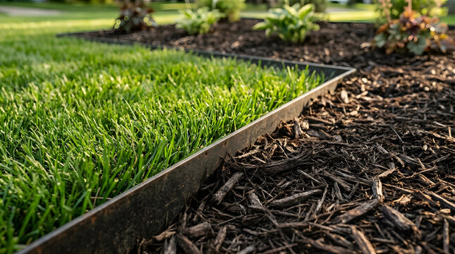 Modern Garden Edging with Metal Border | Landscaping with Green Lawn and Bark Mulch | Outdoor Backyard Maintenance | Clean Grass and Flower Bed Separation | Steel Lawn Border for Curb Appeal