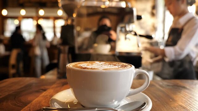 Cappuccino on Wooden Table in Cafe - A beautifully crafted cappuccino sits on a white saucer, with a small spoon resting beside it, atop a polished wooden table in a cafe.