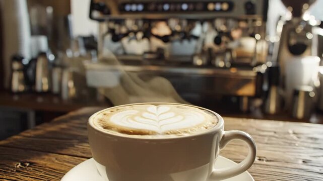 Steaming Cappuccino on Wooden Table in Cafe - A close-up shot shows a cup of cappuccino with latte art, steaming gently on a rustic wooden table.