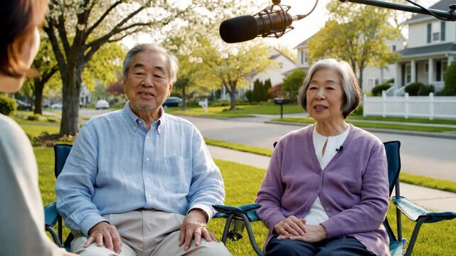 Senior Couple Interview Outdoors - An Asian senior couple is being interviewed outdoors in front of a suburban home. They are sitting in chairs while a boom microphone is positioned overhead.
