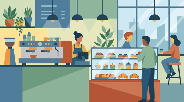 People enjoying food and drinks in a modern cafe interior with pastries on display.