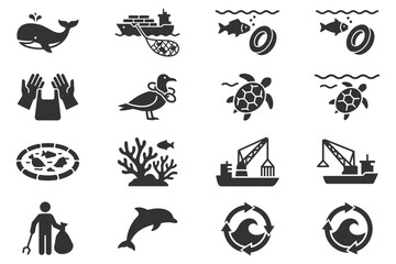 Fototapeta premium Environmental icons: marine pollution, conservation, and wildlife protection symbols.