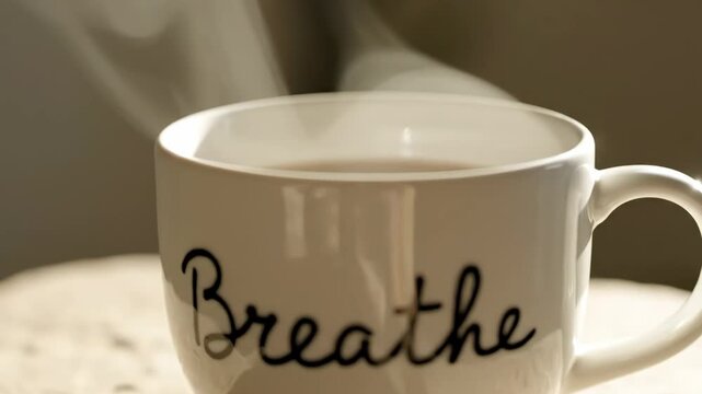 Ceramic mug with Breathe text - A ceramic white mug with the handwritten text "Breathe" is steaming on a neutral background.
