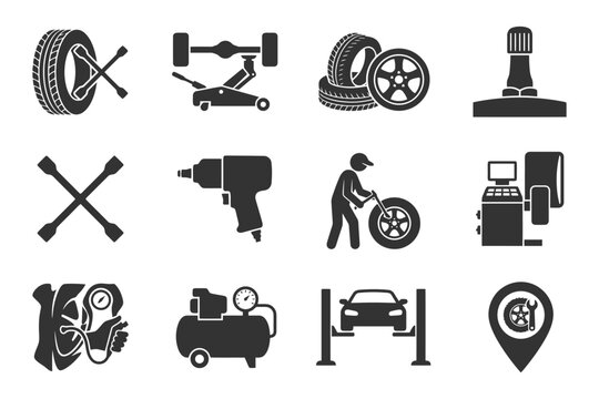 Automotive tools and equipment icons for tire repair and maintenance.