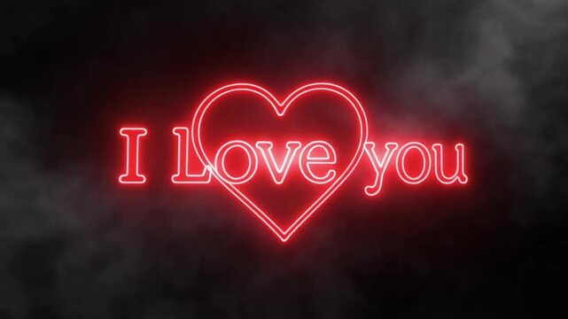 Neon red I Love You text with heart symbol, glowing romantic message on dark smoky background, vibrant electric sign for Valentine's Day