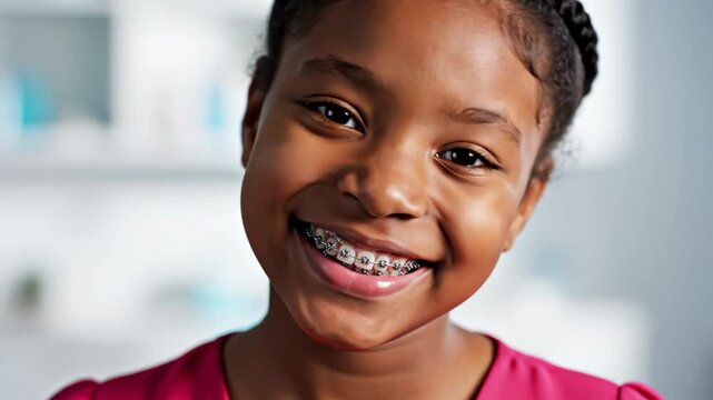 Girl with Braces Smiling - A close-up shot captures the bright smile of a 10-year-old girl with braces. Her teeth appear straight due to orthodontic technology and care.