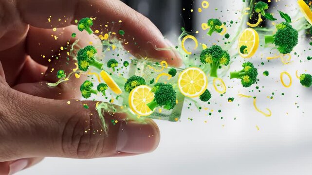 Functional Nutrition Supplement Delivery - Close-up shot of a hand holding a dissolvable health cube, with broccoli florets and lemon slices bursting out.