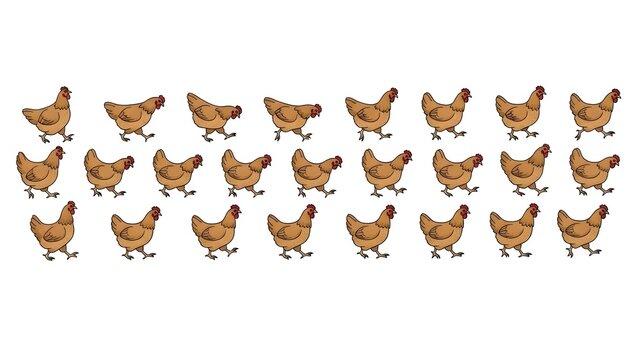 Large group of brown chickens walking in rows on white background as seamless farm illustration pattern