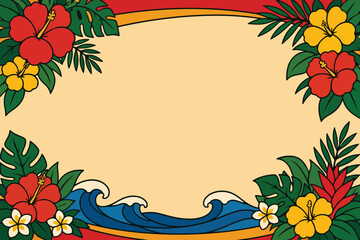 Tropical hibiscus flower frame with ocean waves and green palm leaves © mdalhazsarkar