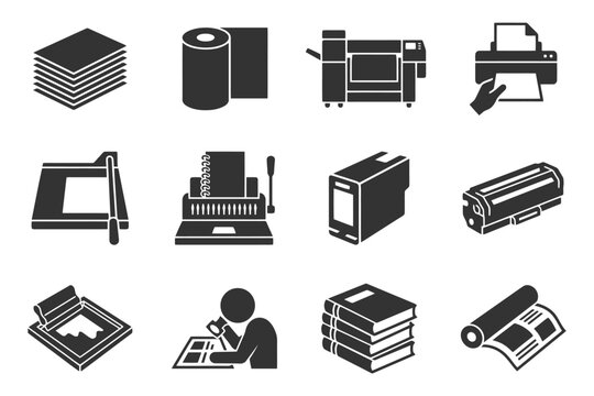 Printing and publishing tools icons: printer, press, paper, design, binding.