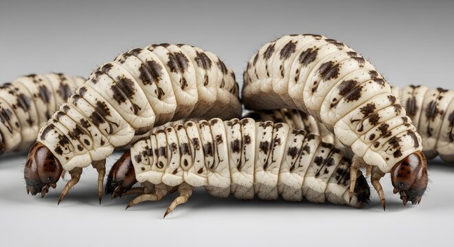 Silkworm larvae group a close up view of developing silk production