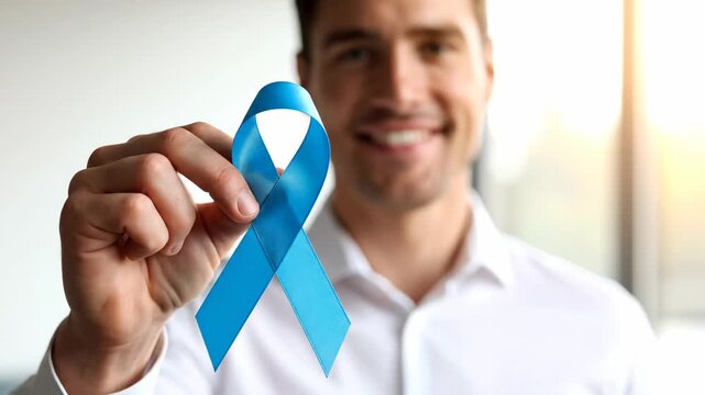Man Holding Blue Awareness Ribbon - Close up shot of a smiling man holding a light blue ribbon. This ribbon is intended to represent prostate cancer awareness and support for men's health initiatives.