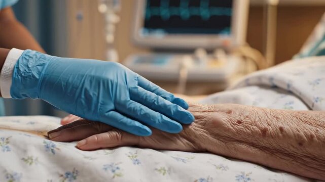 Nurse Comforting Elderly Patient - A close-up shot shows a nurse's gloved hand gently holding the wrinkled hand of an elderly patient.