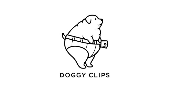 Chubby Dog Wearing Diaper with a Happy Expression, Black and White.