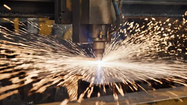 CNC Laser Cutting Steel with Sparks - A CNC laser precision machine is shown cutting a steel plate, generating hot sparks and bright light during the industrial metalworking process.