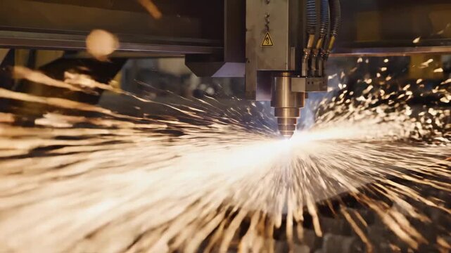 CNC Laser Cutting Steel with Sparks - An automated CNC laser cutting machine precisely cuts through a steel plate, generating a shower of hot sparks.