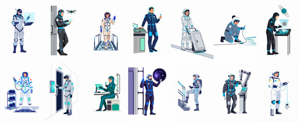 Collection of flat vector illustrations featuring astronauts and space crew members performing diverse tasks in a futuristic space station environment. © Telu