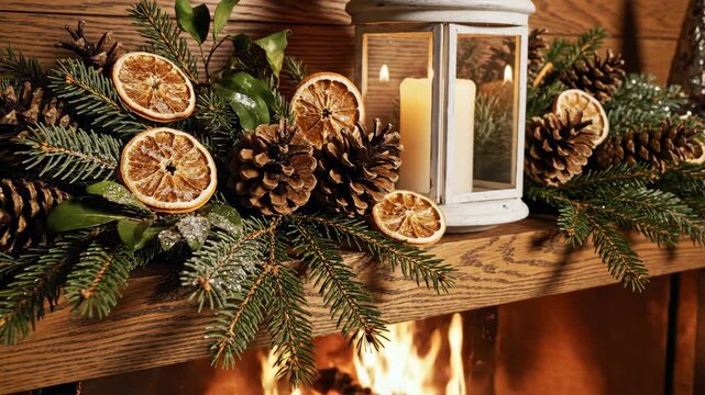 Holiday Mantel Decoration - A cozy holiday composition is arranged on a wooden mantel, featuring a white lantern with a lit candle, pine cones, dried citrus slices, and green branches.