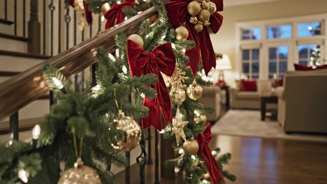 Christmas Staircase Holiday Decoration - A festive holiday staircase is decorated with a lush pine garland, golden ornaments, and elegant red velvet bows.