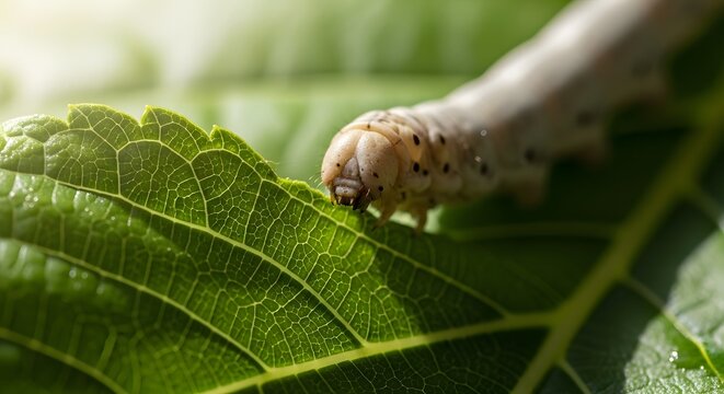 Caterpillar devouring a vibrant green leaf in a lush garden