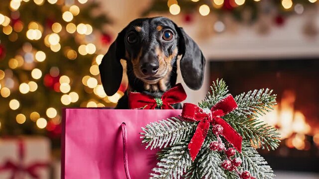 Dachshund Christmas Gift Peek - A cute dachshund with a red bow tie peeks out of a pink shopping bag. The bag is decorated with a fir branch, symbolizing pet gifts and joy during the Christmas season.