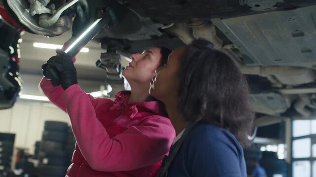 Two female mechanics inspecting the undercarriage of a car raised on a lift using a flashlight and a digital tablet to analyze data.